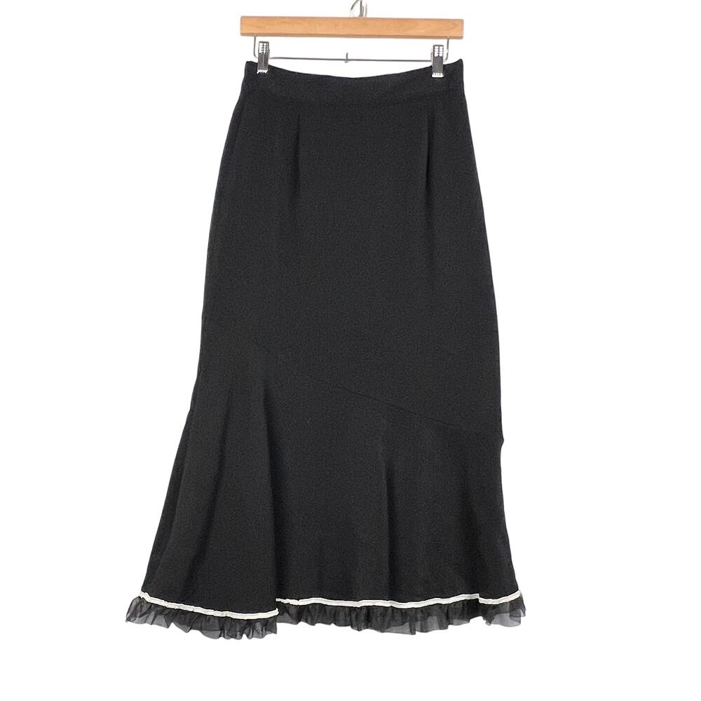 Y2K Vintage 90s Women's Hi-Low Ruffled Black w Contrasted Trim Fishtail Skirt 10 - Picture 2 of 11